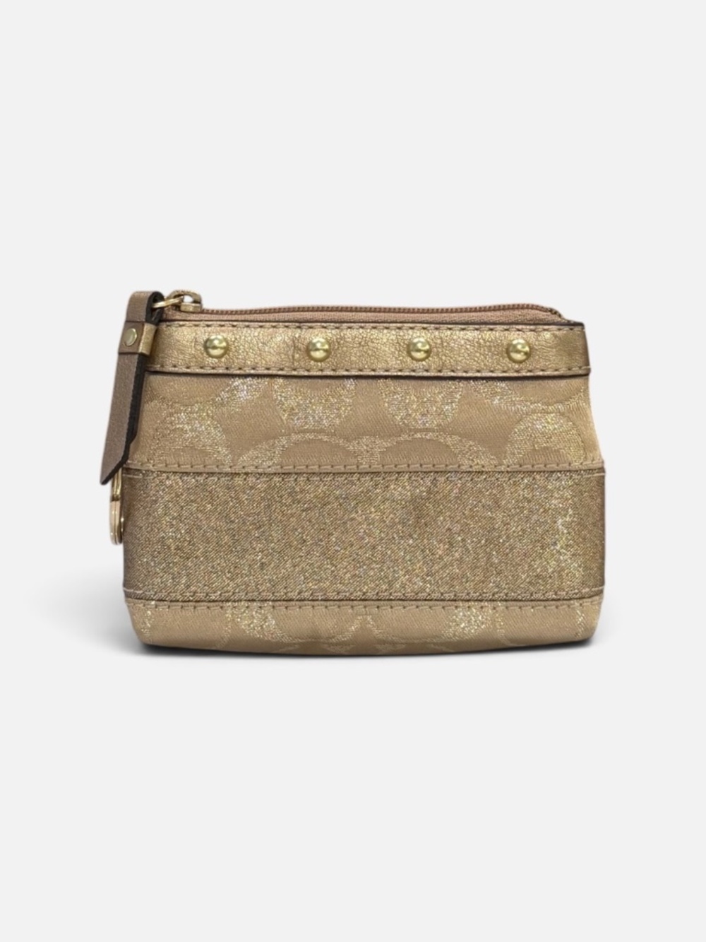 Coach Metallic Gold Signature Stripe Studded Mini Keychain Pouch Coin Purse Bag